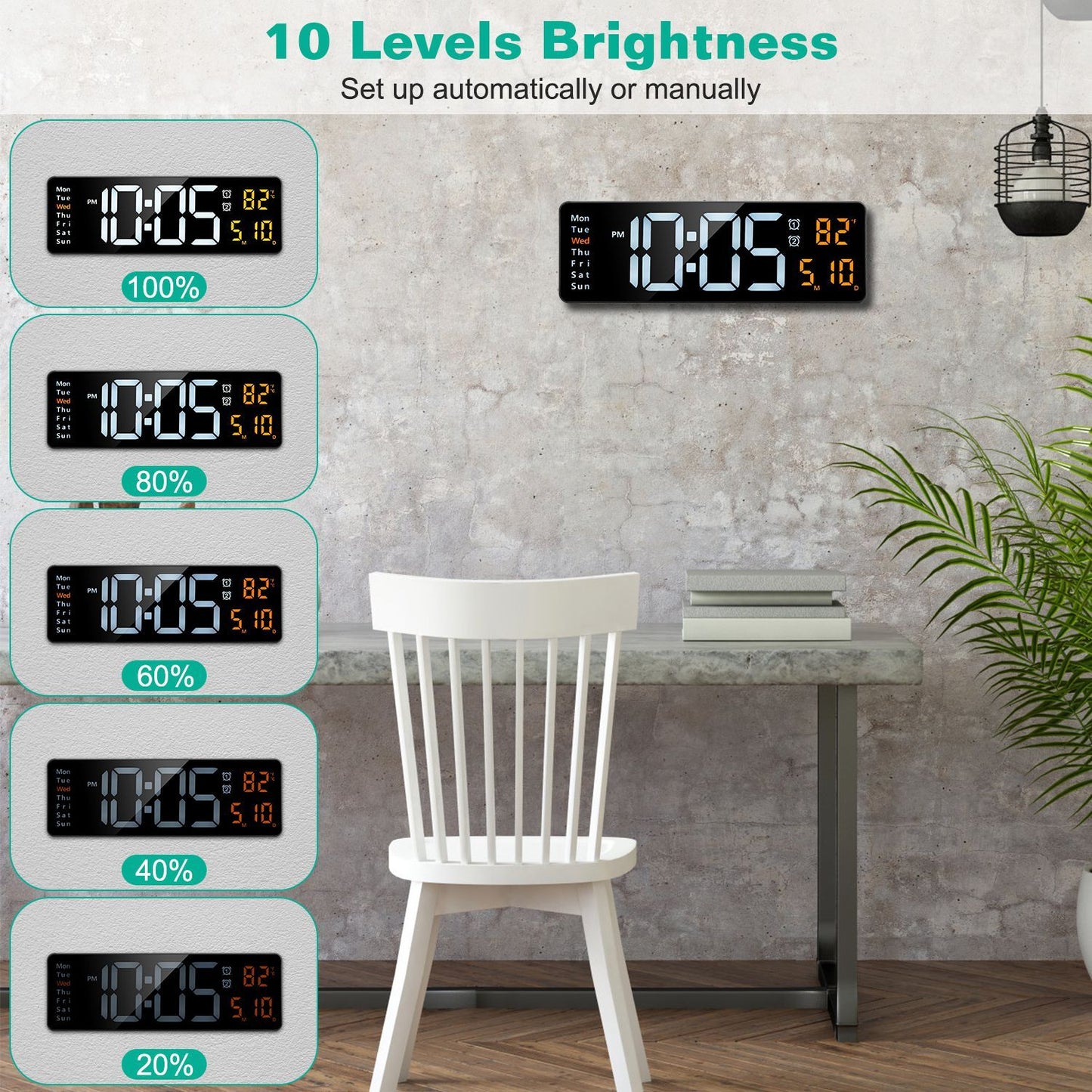 15.7" Large LED Digital Wall Clock with Remote & Auto-Dimming