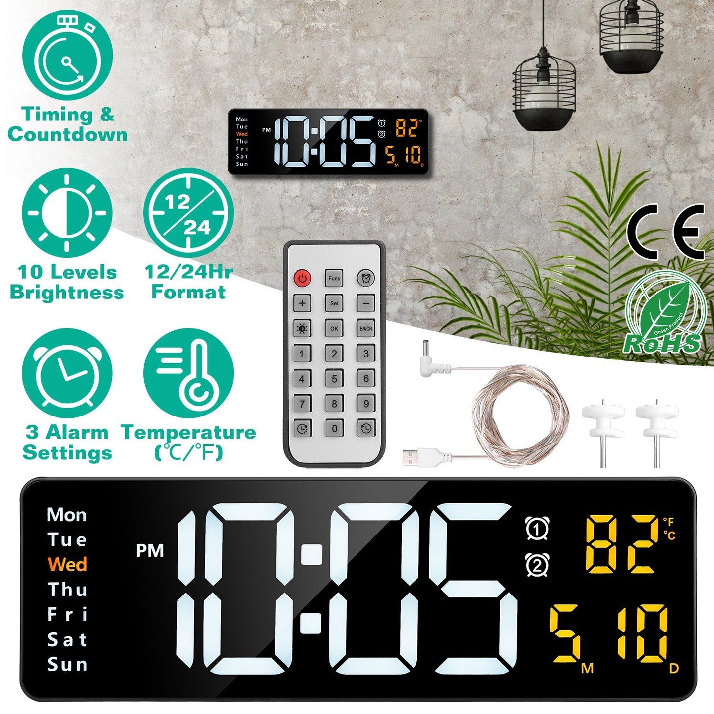 15.7" Large LED Digital Wall Clock with Remote & Auto-Dimming