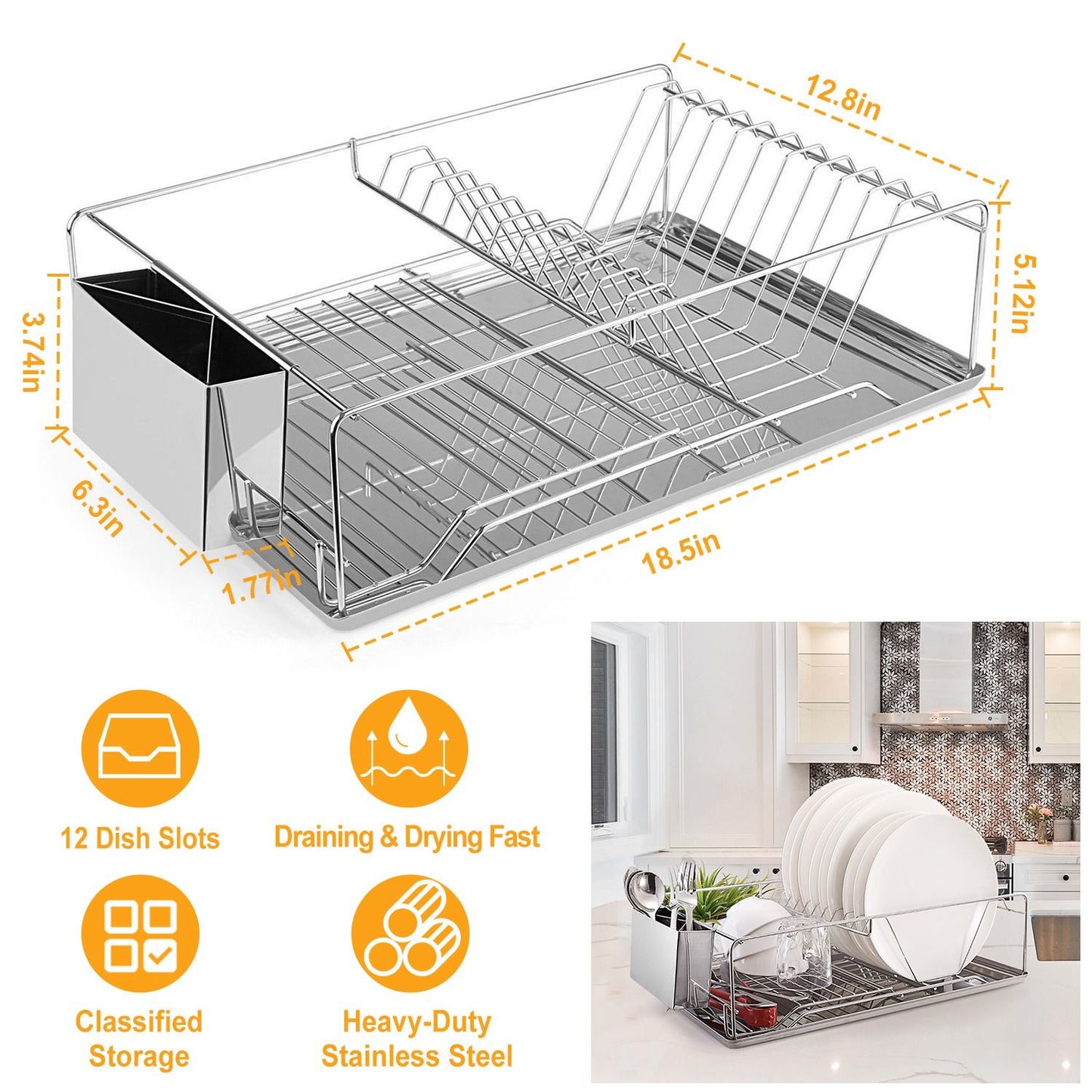 Stainless Steel Dish Drying Rack with Drainboard & Cutlery Holder – Kitchen Counter Dish Organizer