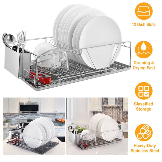 Stainless Steel Dish Drying Rack with Drainboard & Cutlery Holder – Kitchen Counter Dish Organizer