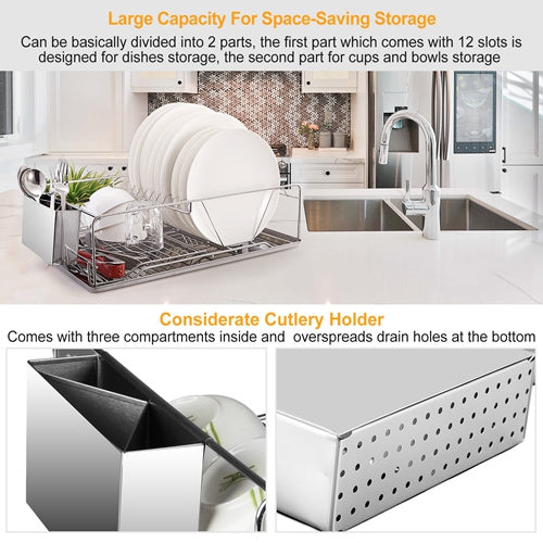 Stainless Steel Dish Drying Rack with Drainboard & Cutlery Holder – Kitchen Counter Dish Organizer