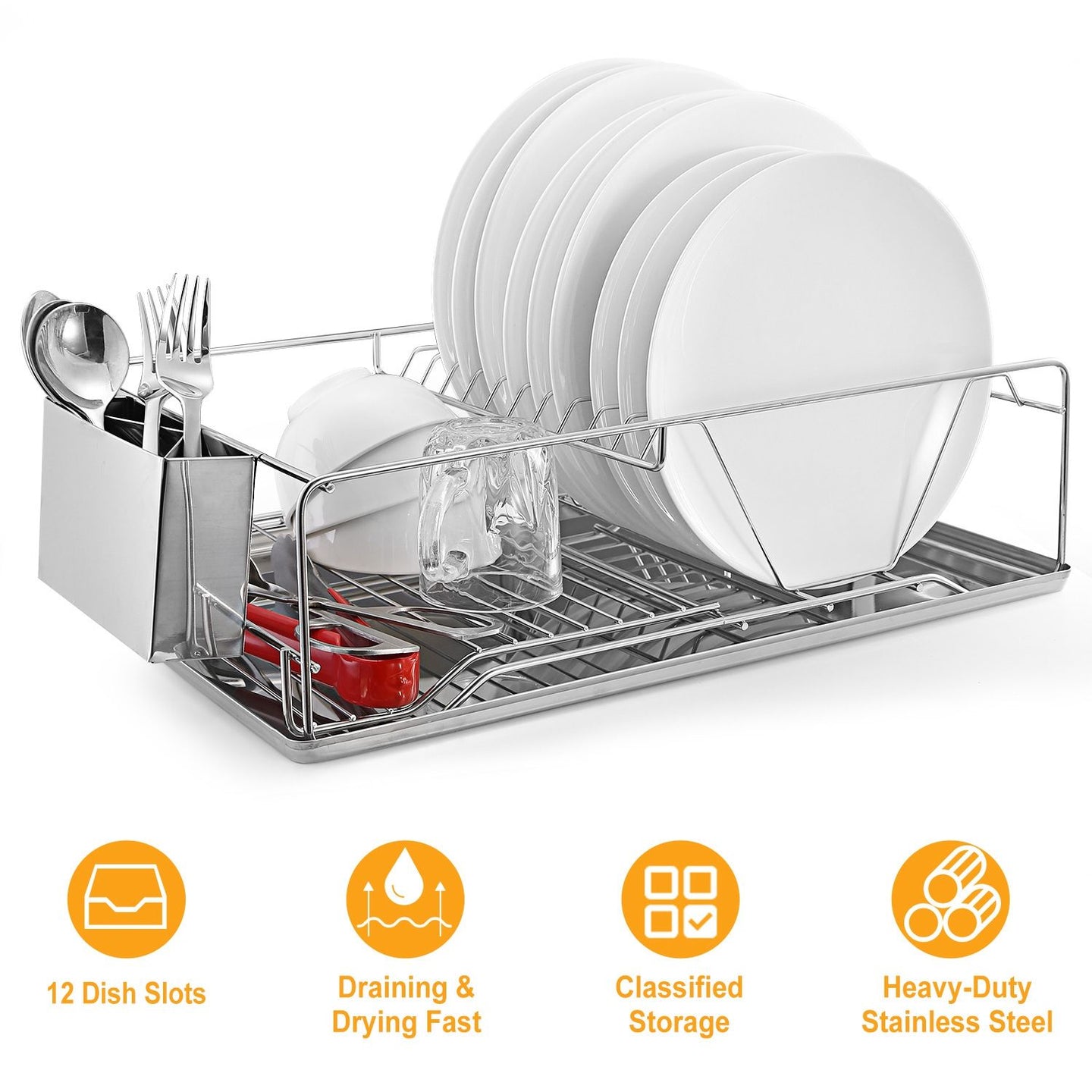 Stainless Steel Dish Drying Rack with Drainboard & Cutlery Holder – Kitchen Counter Dish Organizer