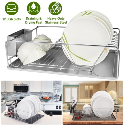 Stainless Steel Dish Drying Rack with Drainboard & Cutlery Holder – Kitchen Counter Dish Organizer
