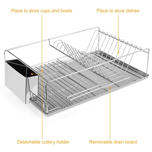 Stainless Steel Dish Drying Rack with Drainboard & Cutlery Holder – Kitchen Counter Dish Organizer