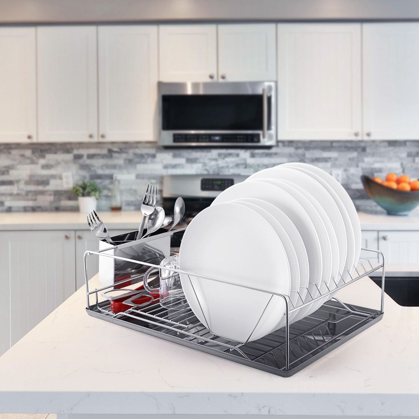 Stainless Steel Dish Drying Rack with Drainboard & Cutlery Holder – Kitchen Counter Dish Organizer