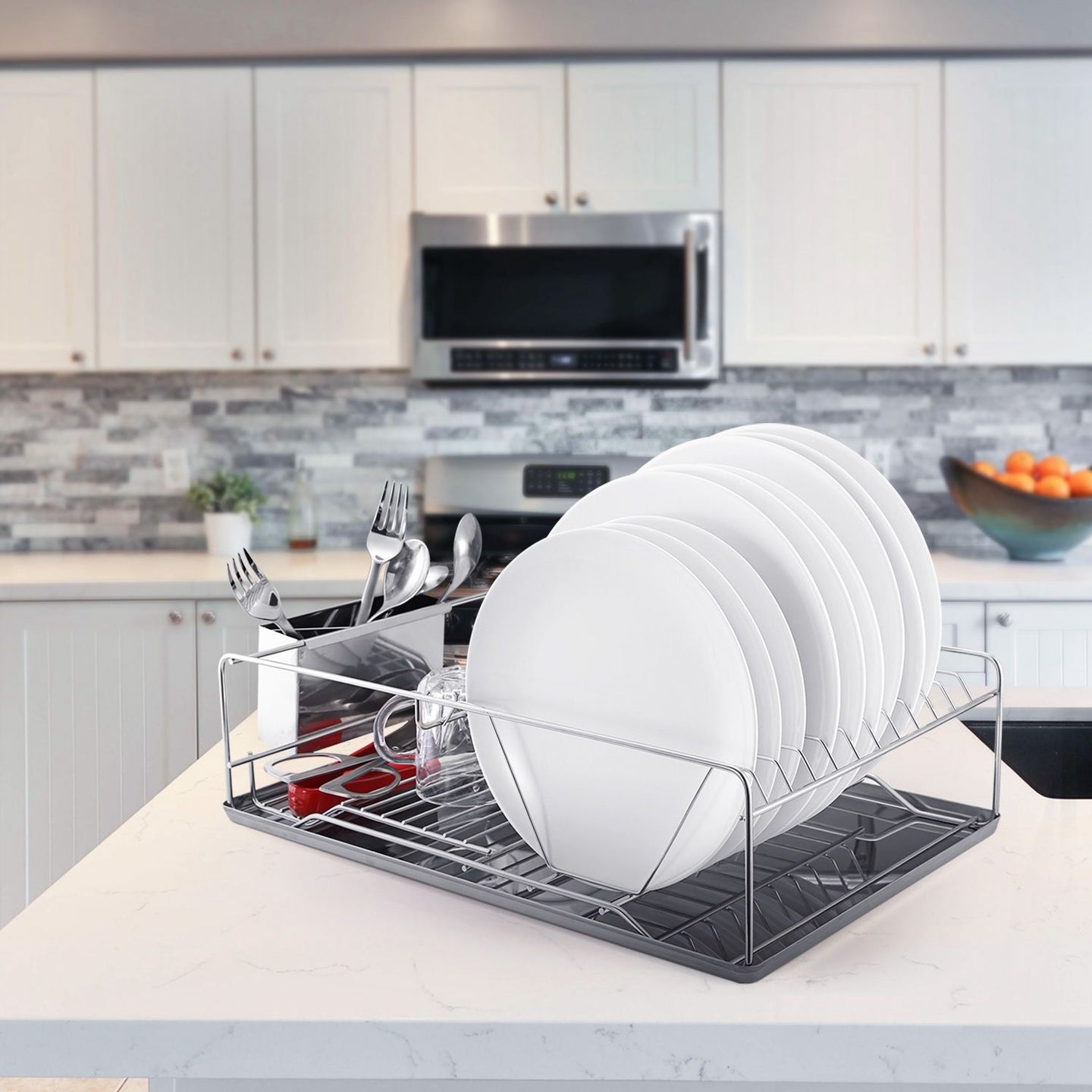 Stainless Steel Dish Drying Rack with Drainboard & Cutlery Holder – Kitchen Counter Dish Organizer