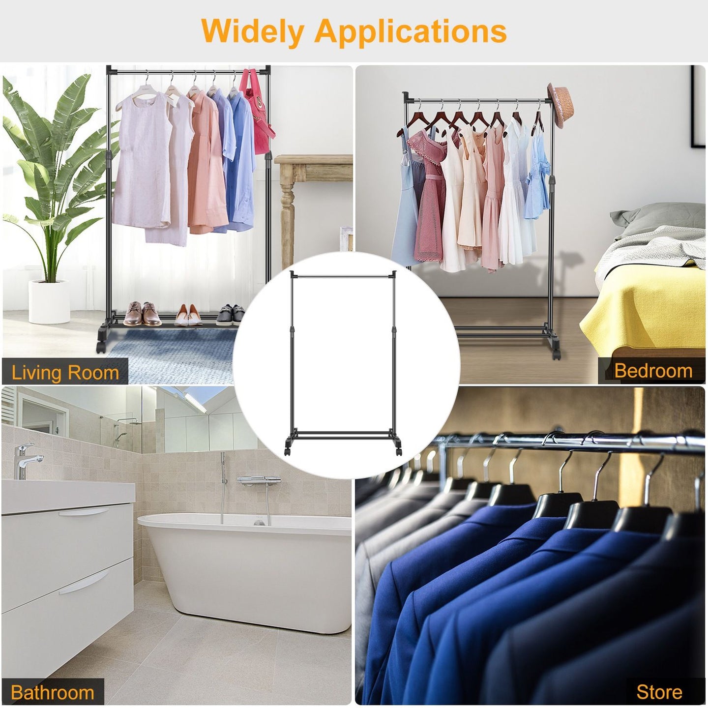 Adjustable Rolling Garment Rack with Bottom Shoe Shelf - 33lb Capacity