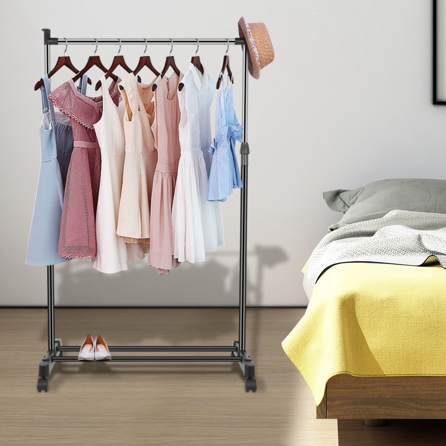 Adjustable Rolling Garment Rack with Bottom Shoe Shelf - 33lb Capacity