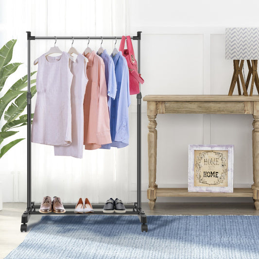 Adjustable Rolling Garment Rack with Bottom Shoe Shelf - 33lb Capacity