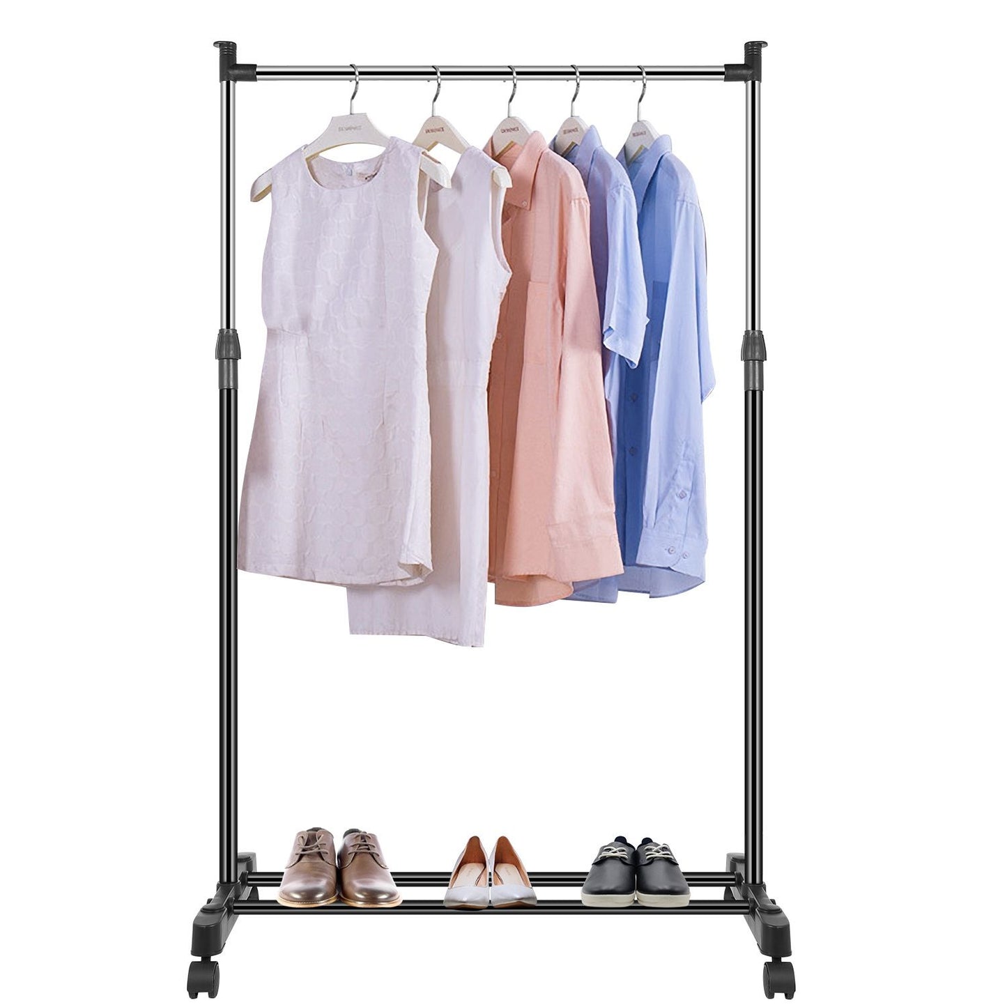 Adjustable Rolling Garment Rack with Bottom Shoe Shelf - 33lb Capacity