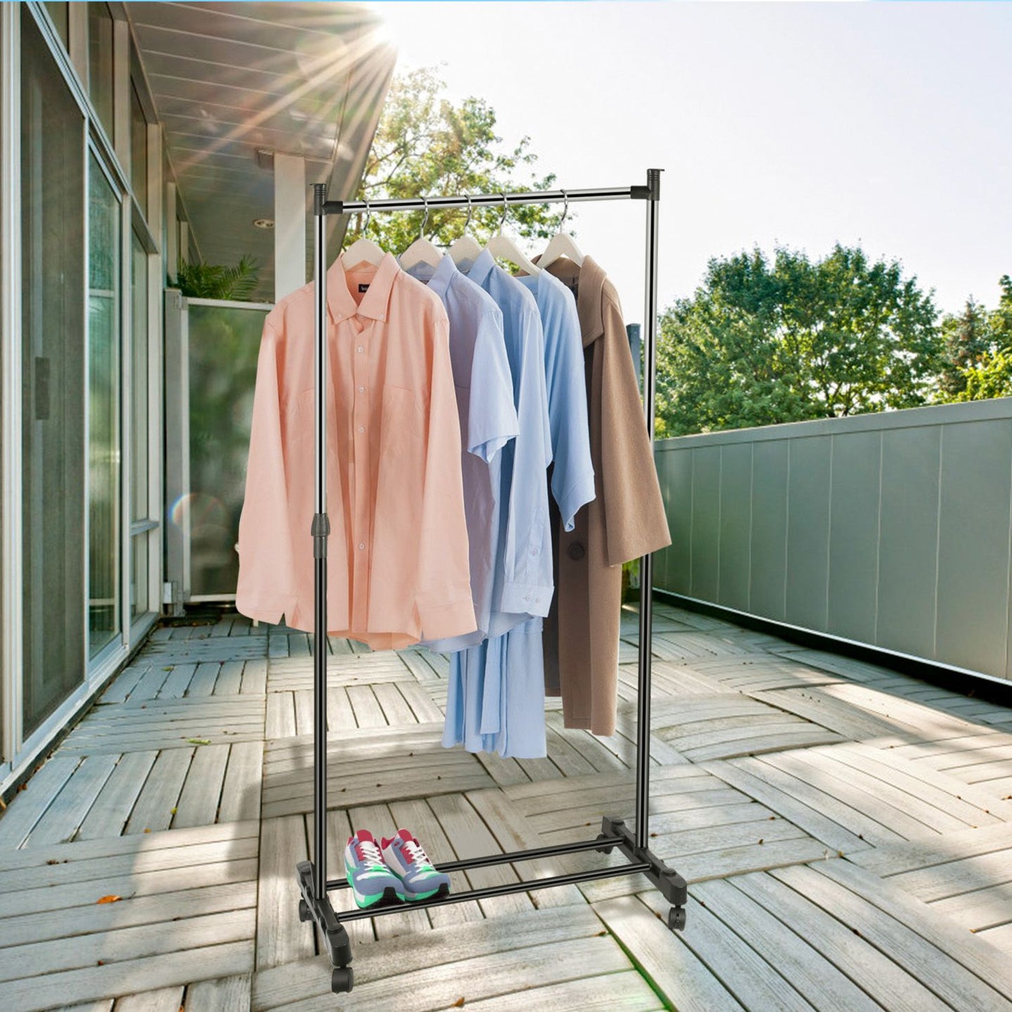 Adjustable Rolling Garment Rack with Bottom Shoe Shelf - 33lb Capacity