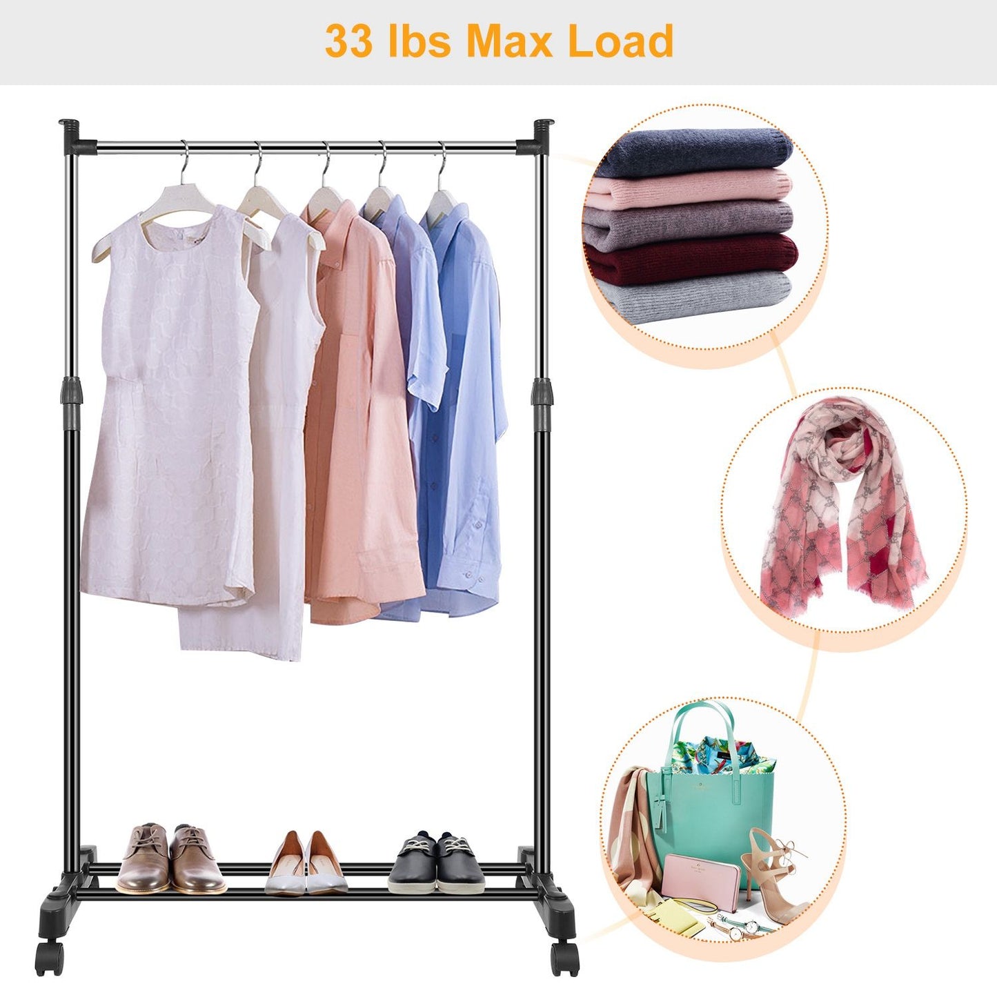 Adjustable Rolling Garment Rack with Bottom Shoe Shelf - 33lb Capacity