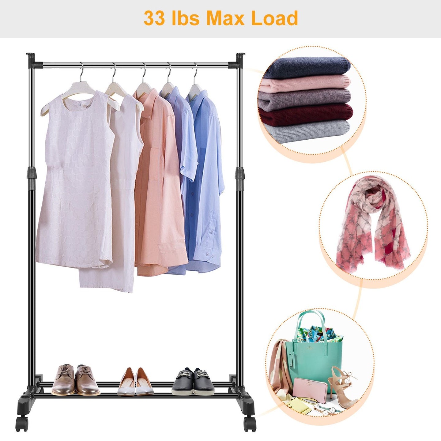 Adjustable Rolling Garment Rack with Bottom Shoe Shelf - 33lb Capacity