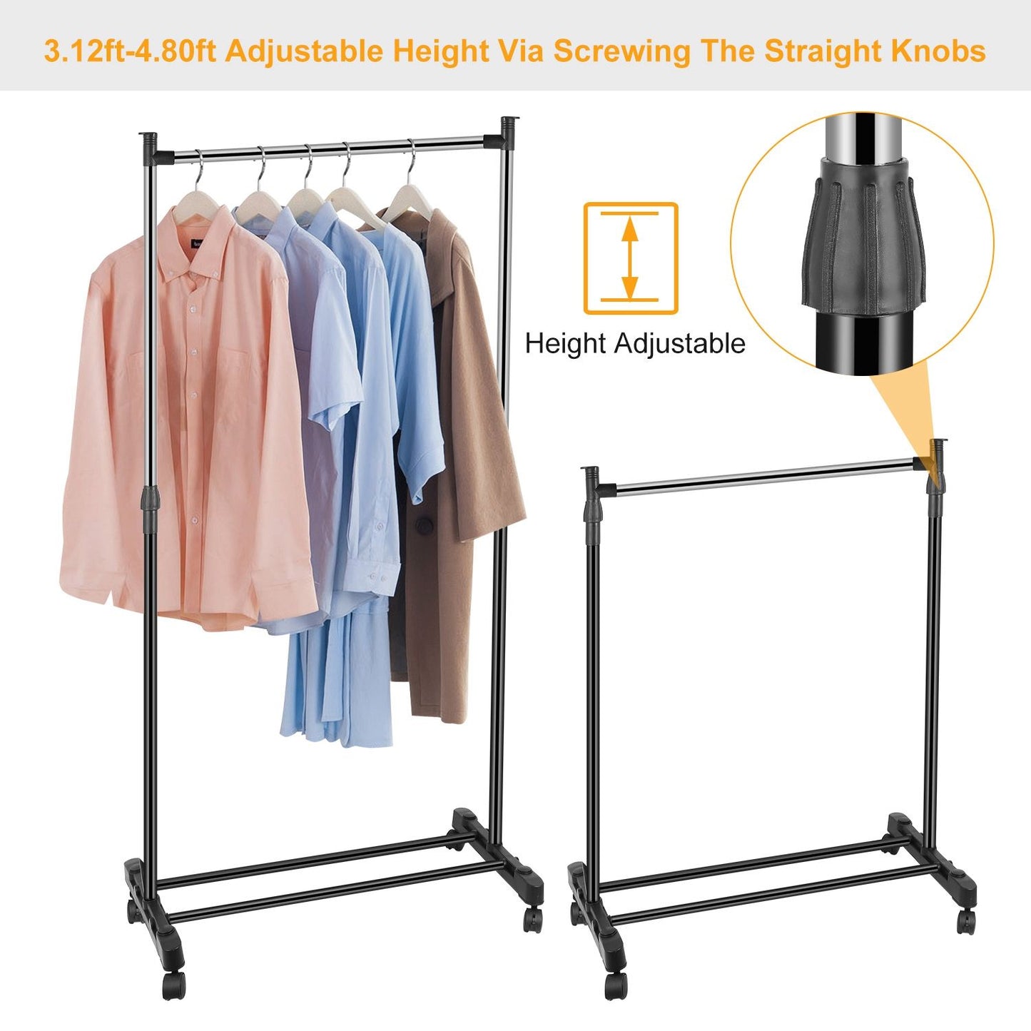 Adjustable Rolling Garment Rack with Bottom Shoe Shelf - 33lb Capacity