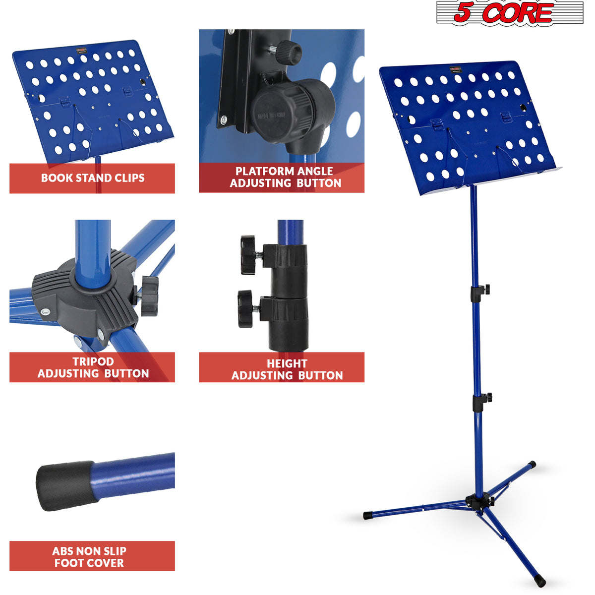 5 Core Music Stand For Sheet Music Height Adjustable Portable Folding Atril Para Partituras w Light Clip for Guitar Players Violinists Cellists Pianists - MUS FLD HD ACC BLU