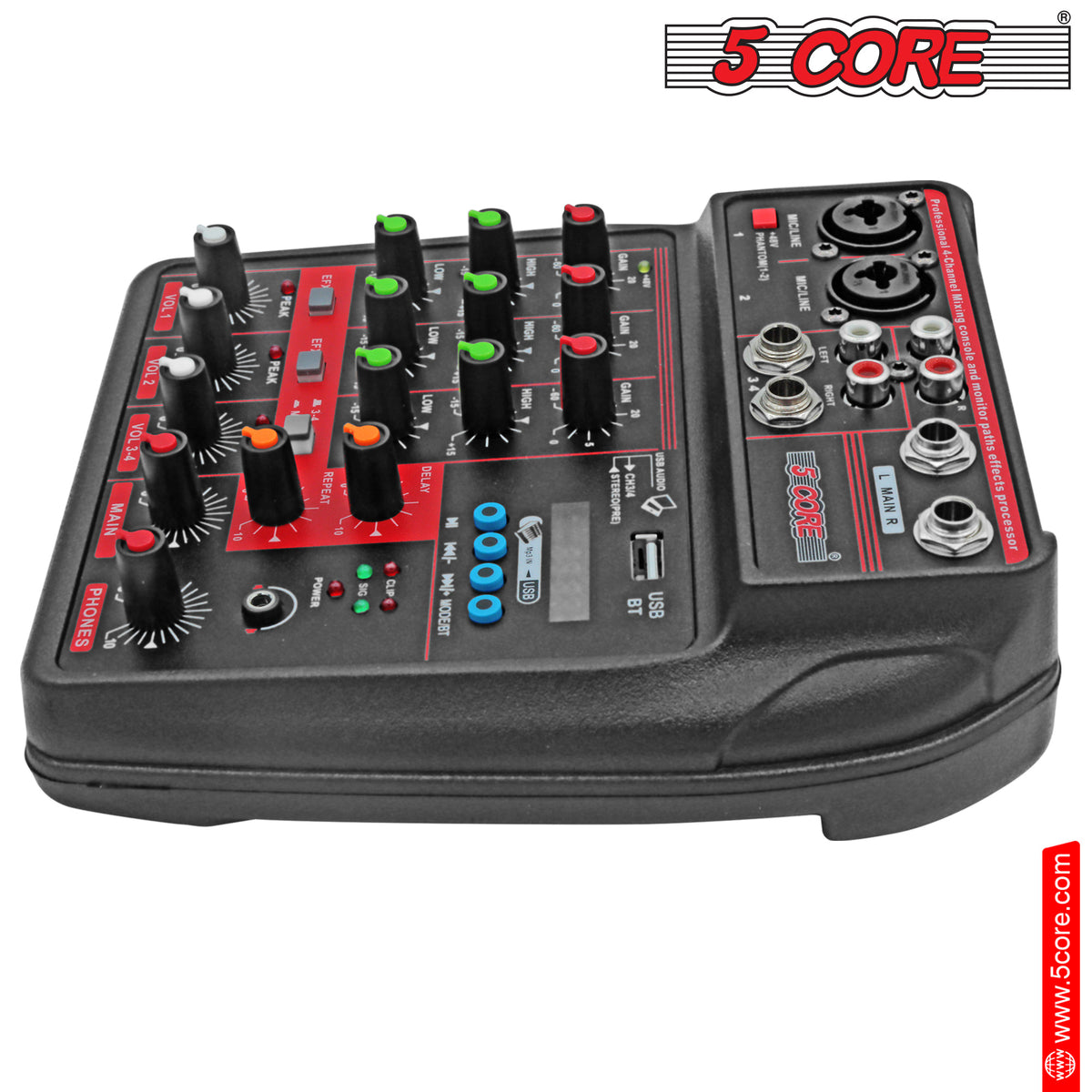 5 Core Audio Interface Mixer 4 Channel PC XLR Bluetooth USB DJ Music Podcast Karaoke Sound Board - MX 4CH