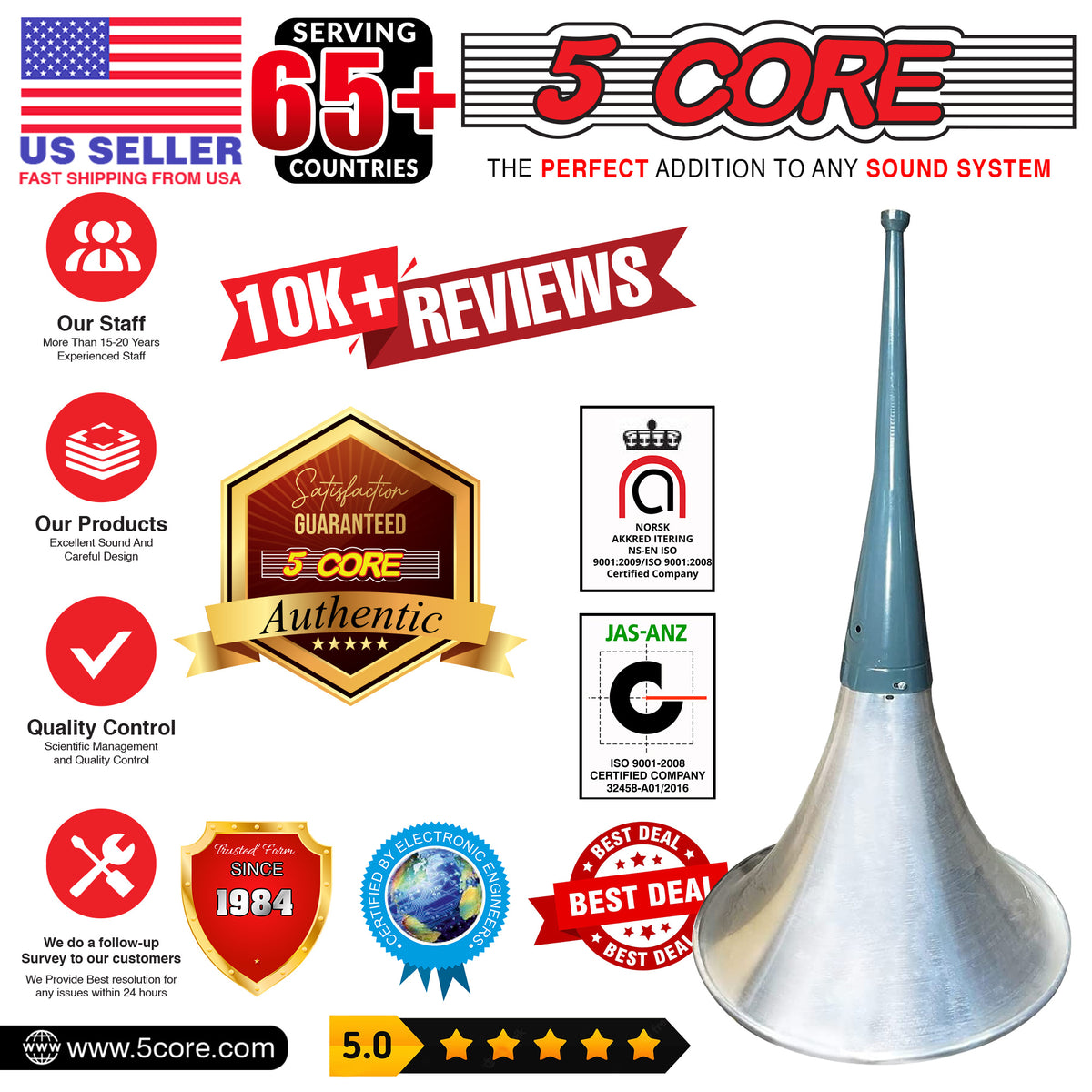 5 Core PA Horn Speaker Indoor Outdoor 22 Inch Long Range Trumpet Horn - Loud Sound Megaphone +Mounting Bracket | Aluminum-Iron Body | Universal Screw-On | Weatherproof - TH 22