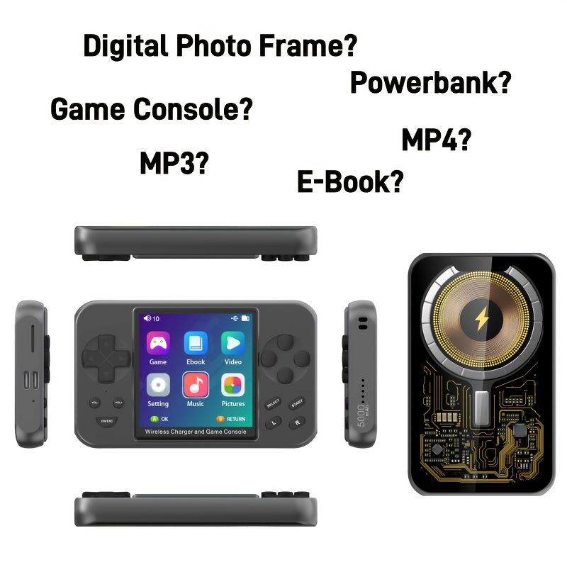 7-in-1 Multifunctional Game Console Power Bank, 20W Wireless Magnetic Charging, 6000+ Built-in Classic Games, MP3, MP4, Digital Photo Frame, E-book, Movie Player Best Holiday Gift.(grey)
