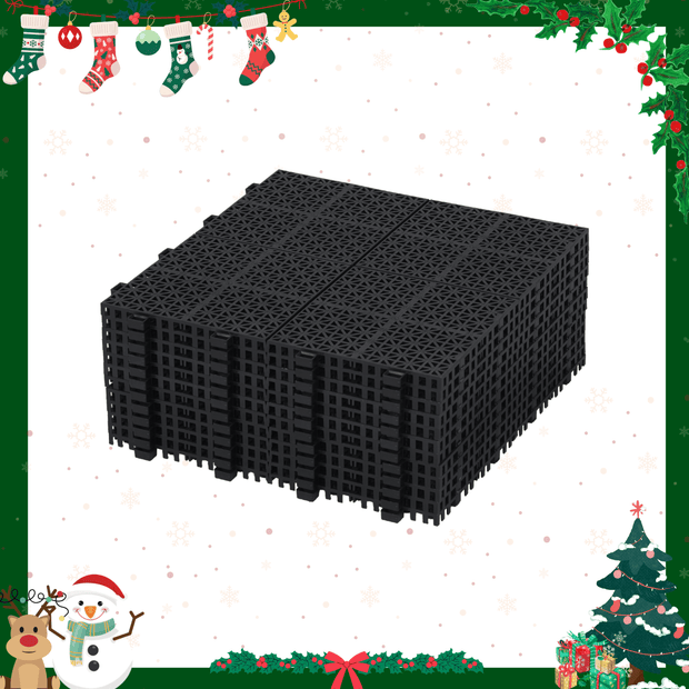 12 x 12 Inch Black Interlocking Deck Tiles Plastic Waterproof Outdoor All Weather Anti-slip Bathroom Shower Balcony Porch Strong Weight Capacity Upto 6613 LBS, Rosette Pattern Pack of 12