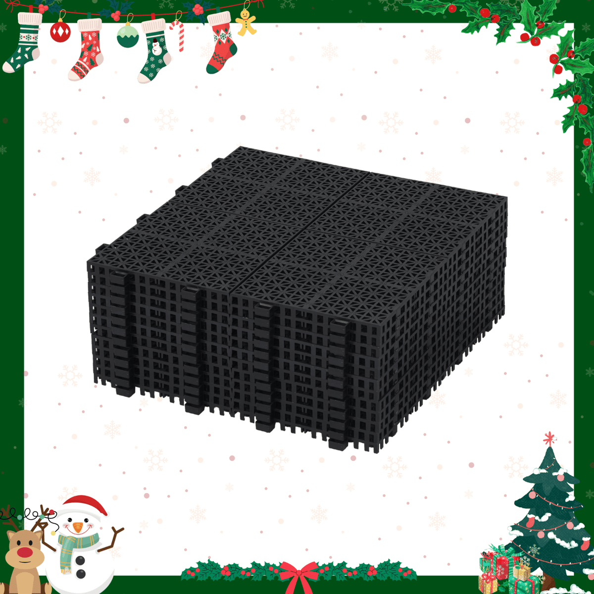 12 x 12 Inch Black Interlocking Deck Tiles Plastic Waterproof Outdoor All Weather Anti-slip Bathroom Shower Balcony Porch Strong Weight Capacity Upto 6613 LBS, Rosette Pattern Pack of 12
