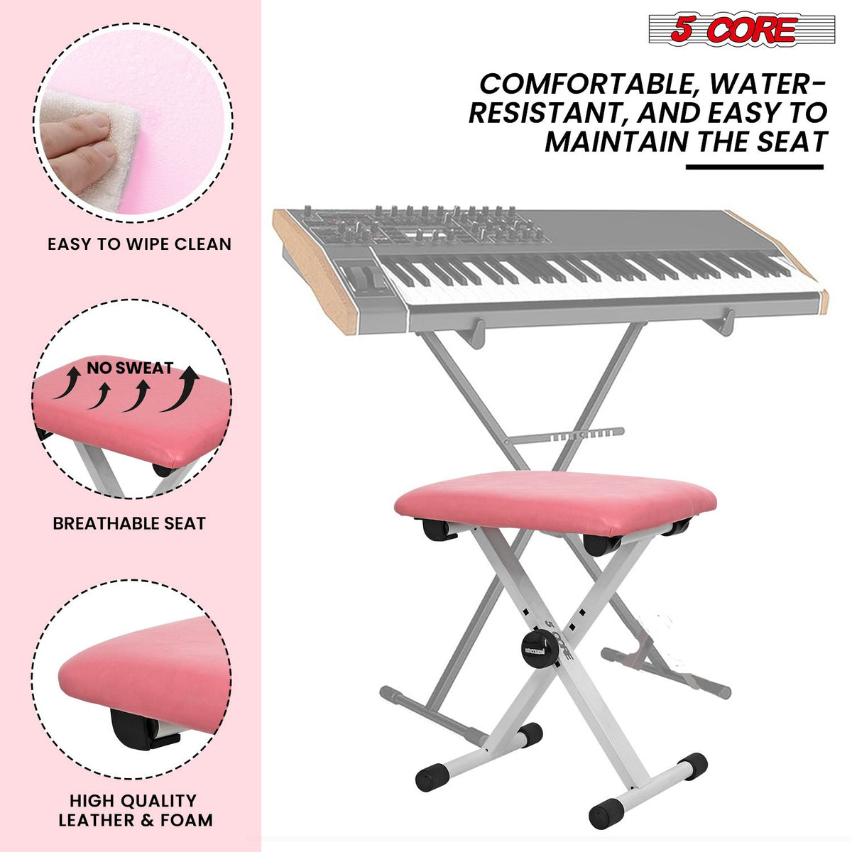 5 Core Keyboard Bench X Style Piano Stool Padded Adjustable Keyboards Chair - KBB 02 PNK