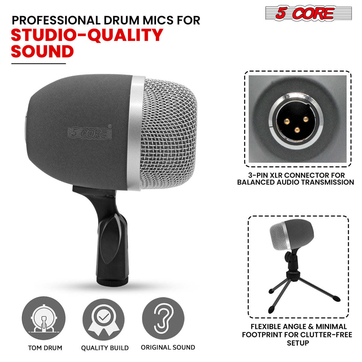 Tom Mic 1Piece Wired Cardioid Bass Drum Microphone Kit High SPL Instrument Microfono w XLR Connection- 5 Core Tom XP