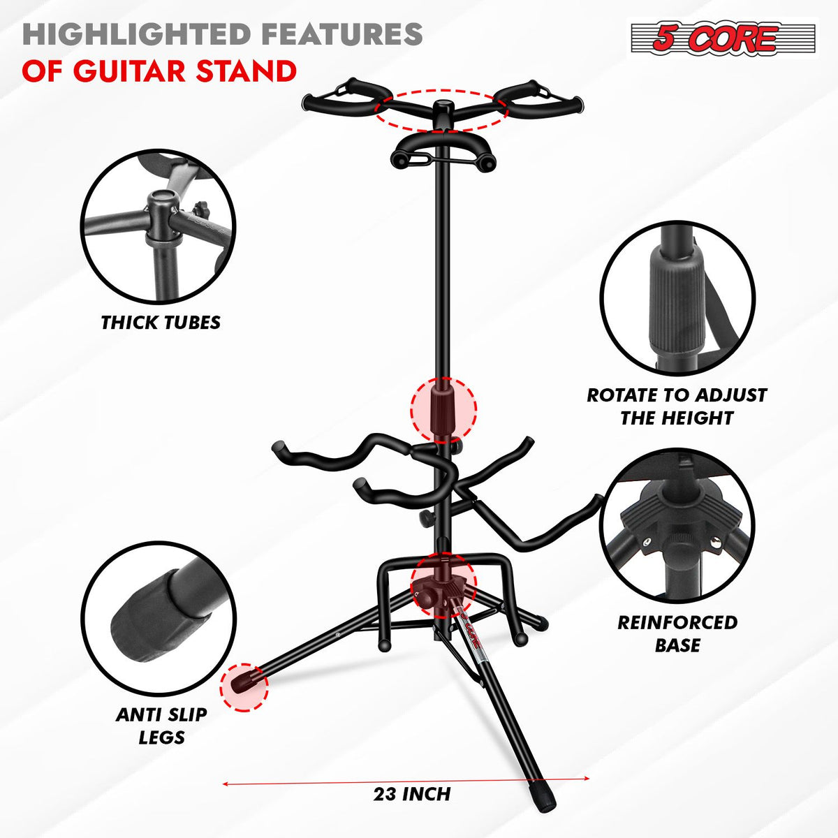5 Core Metal Guitar Stand for Acoustic Classic Electric Guitar Detachable Musical Instrument Stand (3 Guitar Holders) - GSH 3N1