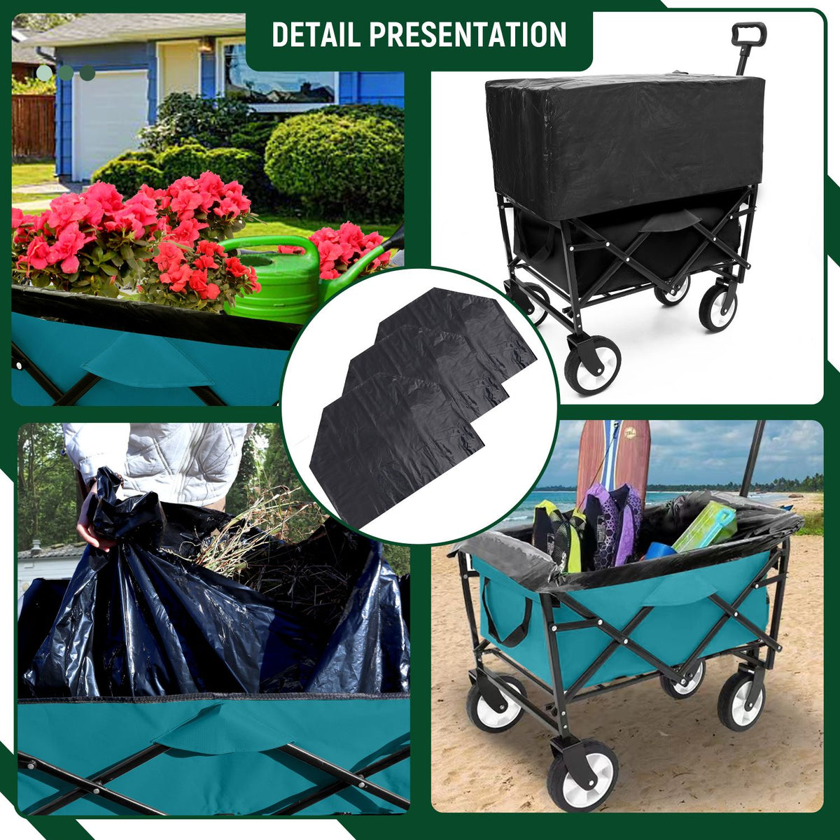 Minimeetall Multi-use Bag,Collapsible Foldable Wagon Cart Beach Wagon Heavy Duty Utility Cart Utility Wagon Grocery Cart for for Camping 3pcs plastic Liner bag /Cover , Cyan