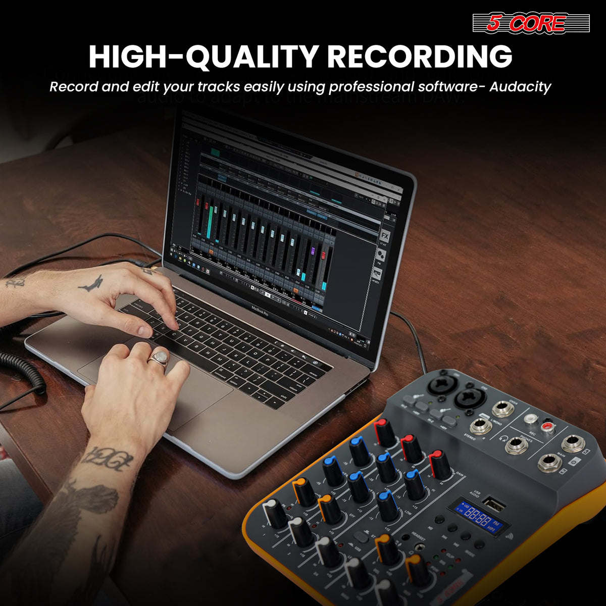 5 Core Audio Interface Mixer 4 Channel PC XLR Bluetooth USB DJ Music Podcast Karaoke Sound Board - MX 4CH