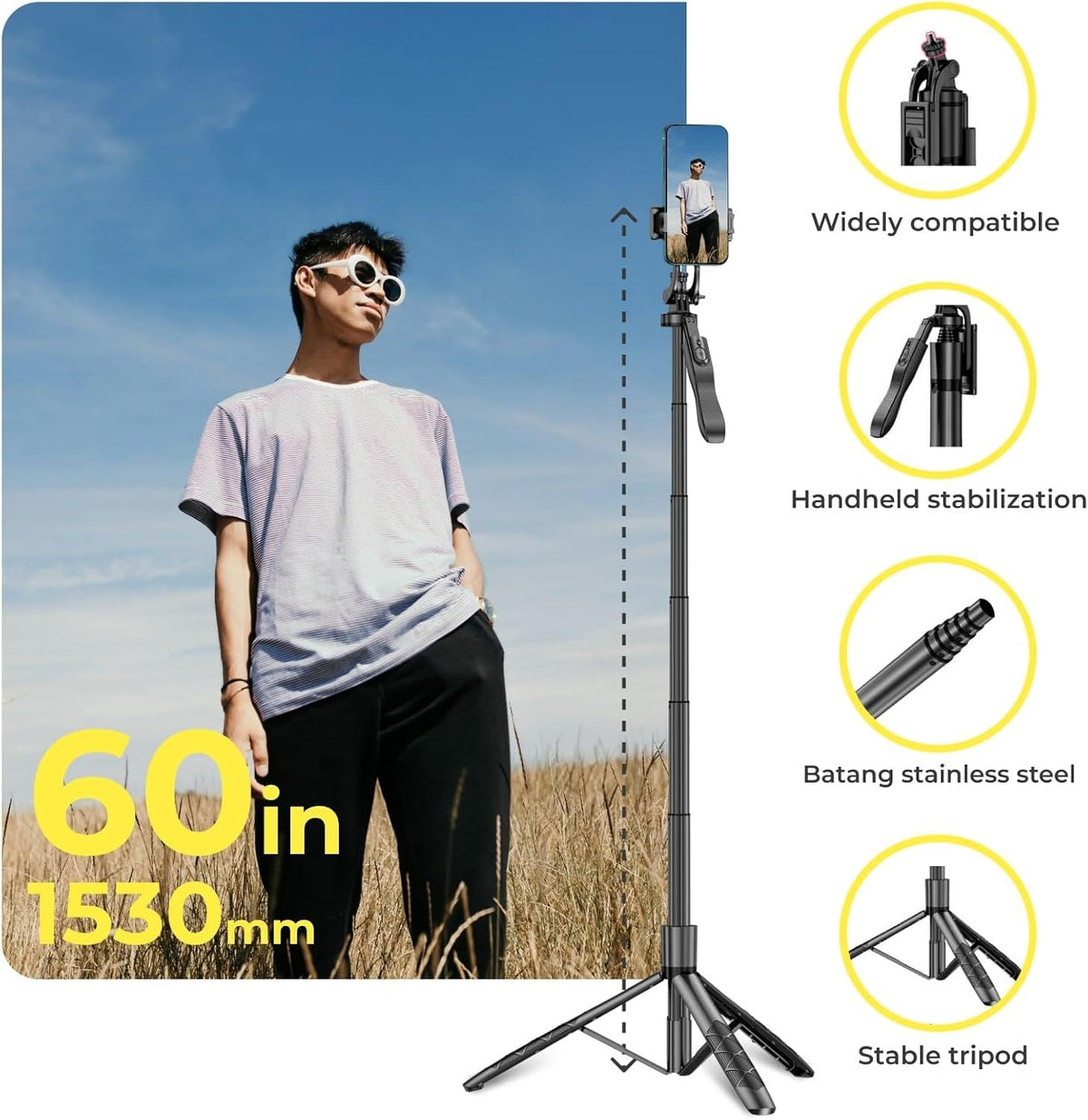 Phone Tripod 62" Selfie Stick for iPhone with Remote and 3W LED Light, Universal Mount, Phone Stand for Recording & Streaming, Tripod for iPhone & Android Phone & Gopro