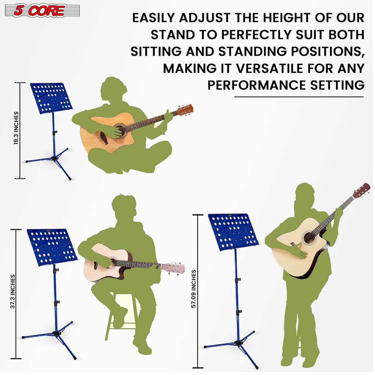 5 Core Music Stand For Sheet Music Height Adjustable Portable Folding Atril Para Partituras w Light Clip for Guitar Players Violinists Cellists Pianists - MUS FLD HD ACC BLU