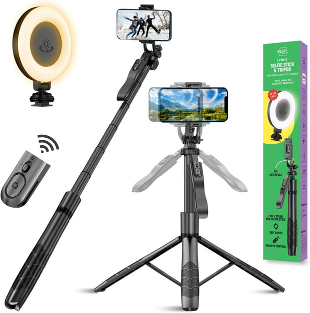 Phone Tripod 62" Selfie Stick for iPhone with Remote and 3W LED Light, Universal Mount, Phone Stand for Recording & Streaming, Tripod for iPhone & Android Phone & Gopro