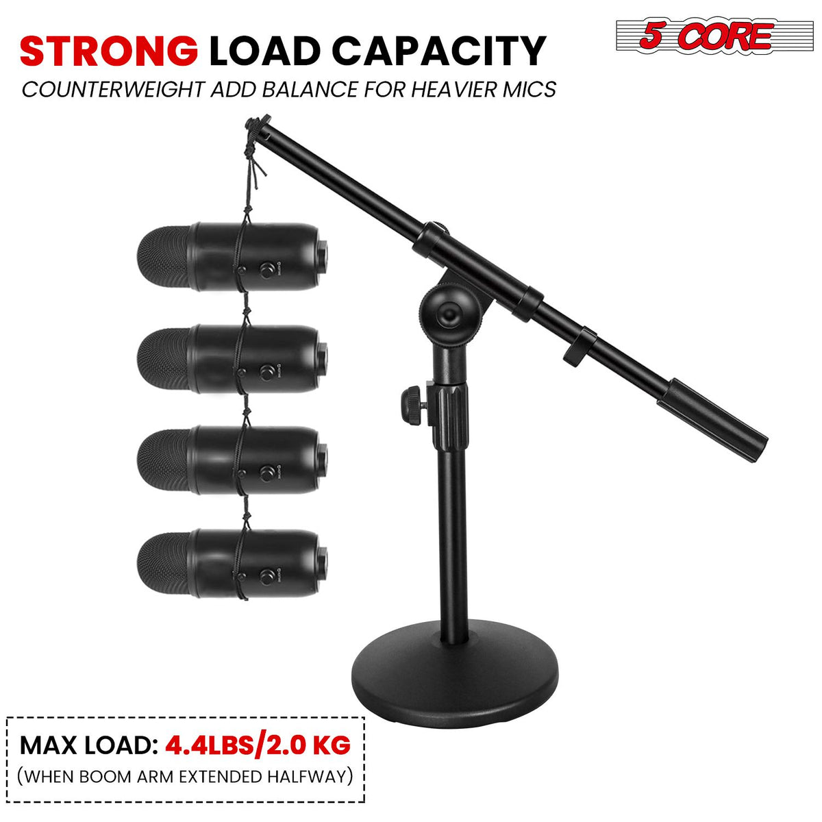 5 Core Desk Microphone Stand Black • Adjustable Height Extendable Boom Arm • Table Mic Holder w Round Base Anti Slip Pad • Universal Mic Clip and 3/8'' and 5/8'' Thread Adapter- MSSB