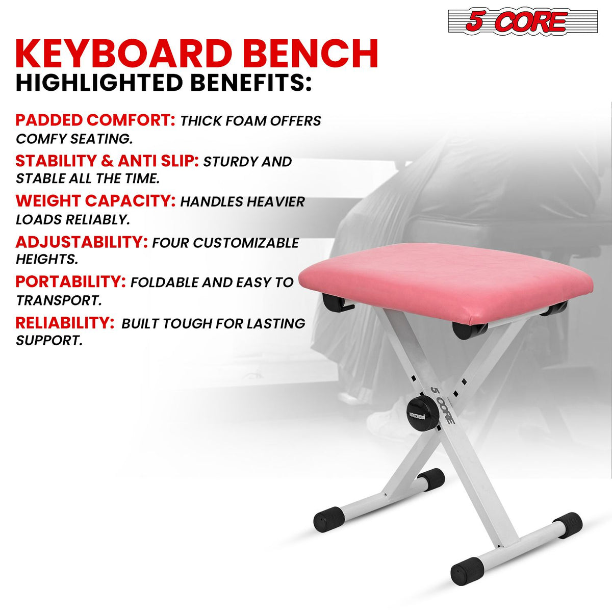 5 Core Keyboard Bench X Style Piano Stool Padded Adjustable Keyboards Chair - KBB 02 PNK