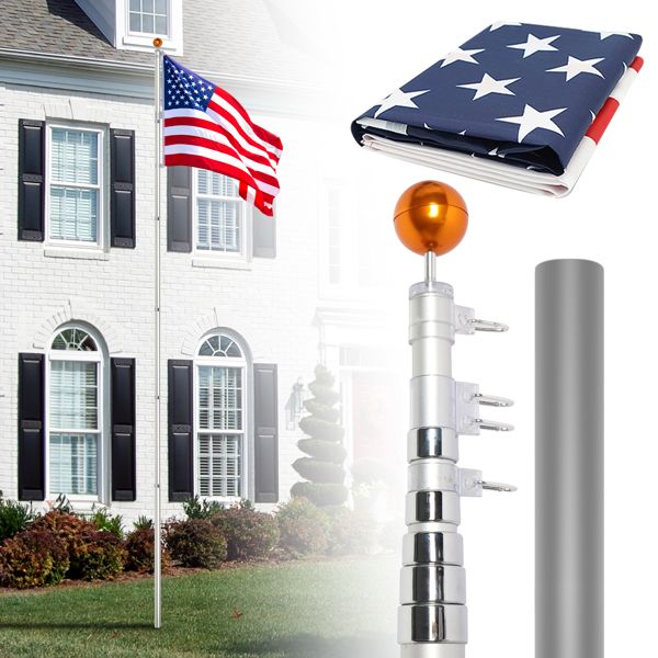 Telescopic Flag Pole Kit, 20FT Height Adjustable Heavy Duty Aluminum Flagpoles with 5x3 US Flag & Golden Ball Topper for Yard House Ground Residential Commercial