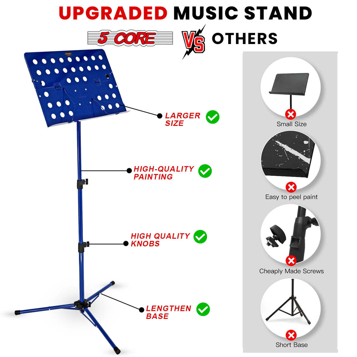 5 Core Music Stand For Sheet Music Height Adjustable Portable Folding Atril Para Partituras w Light Clip for Guitar Players Violinists Cellists Pianists - MUS FLD HD ACC BLU