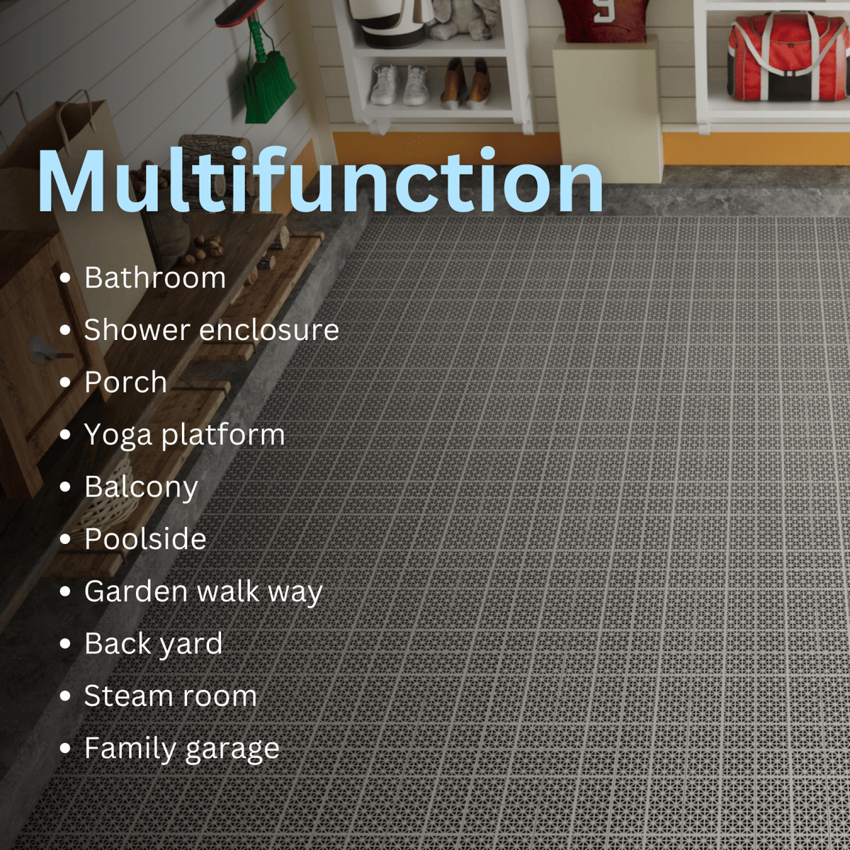 12 x 12 Inch Gray Interlocking Deck Tiles Plastic Waterproof Outdoor All Weather Anti-slip Bathroom Shower Balcony Porch Strong Weight Capacity Upto 6613 LBS, Rosette Pattern Pack of 12