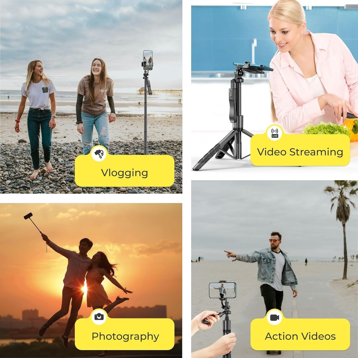 Phone Tripod 62" Selfie Stick for iPhone with Remote and 3W LED Light, Universal Mount, Phone Stand for Recording & Streaming, Tripod for iPhone & Android Phone & Gopro
