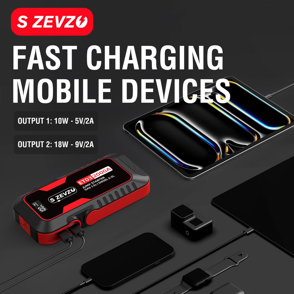 S ZEVZO Car Jump Starter 2000A Jump Starter Battery Pack for Up to 7.5L Gas and 6.5L Diesel Engines, 59.2Wh Portable 12V Jump Box with USB Ports, LCD Display, Storage Case, and LED Light