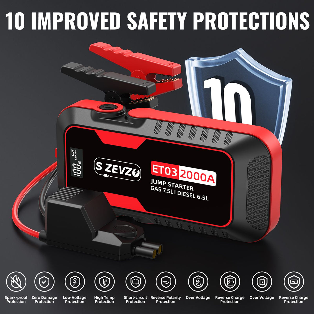 S ZEVZO Car Jump Starter 2000A Jump Starter Battery Pack for Up to 7.5L Gas and 6.5L Diesel Engines, 59.2Wh Portable 12V Jump Box with USB Ports, LCD Display, Storage Case, and LED Light