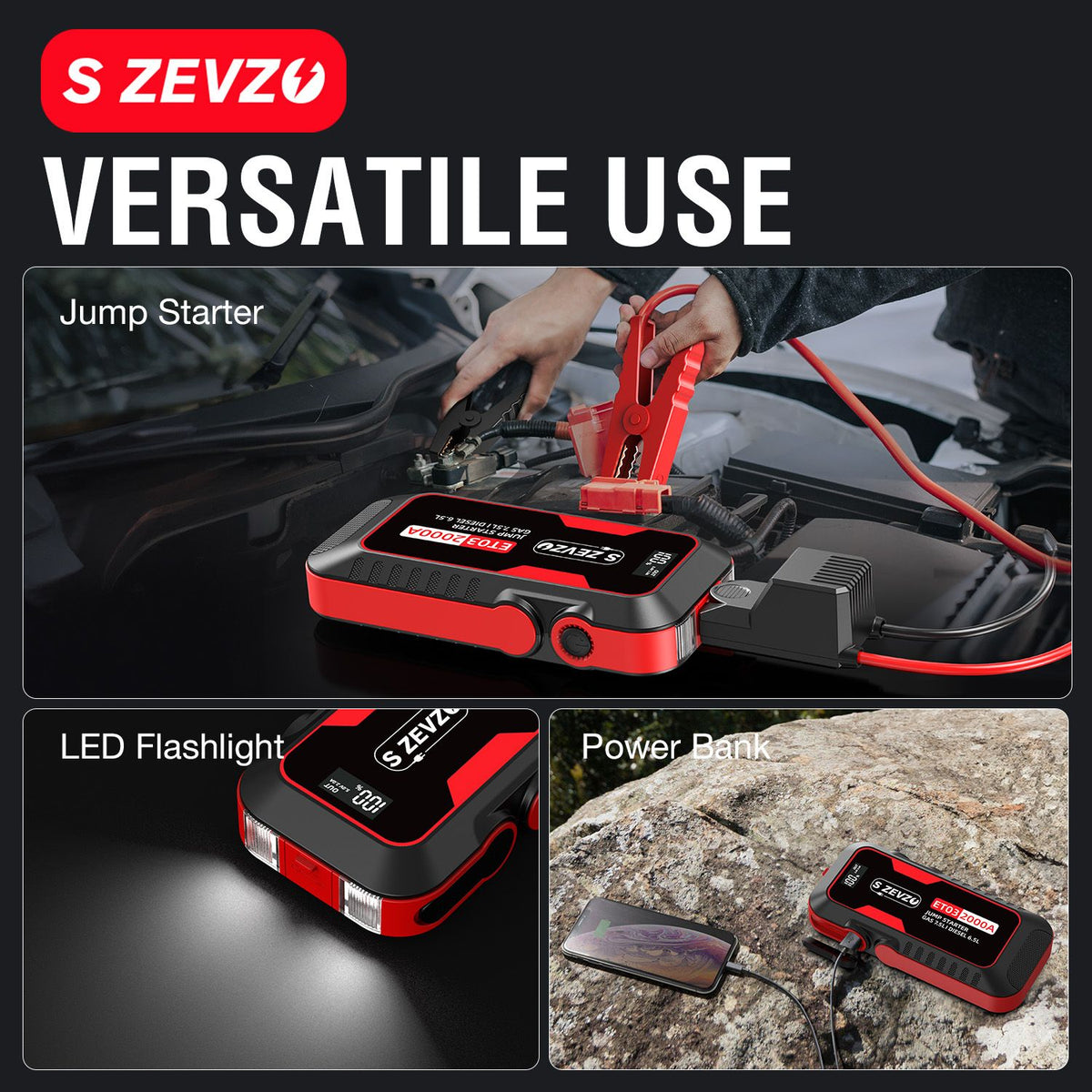 S ZEVZO Car Jump Starter 2000A Jump Starter Battery Pack for Up to 7.5L Gas and 6.5L Diesel Engines, 59.2Wh Portable 12V Jump Box with USB Ports, LCD Display, Storage Case, and LED Light