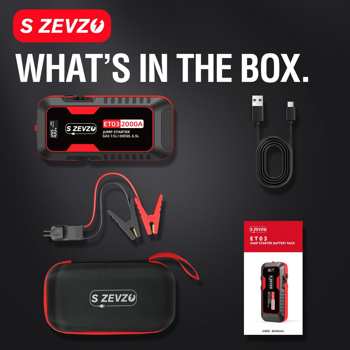S ZEVZO Car Jump Starter 2000A Jump Starter Battery Pack for Up to 7.5L Gas and 6.5L Diesel Engines, 59.2Wh Portable 12V Jump Box with USB Ports, LCD Display, Storage Case, and LED Light