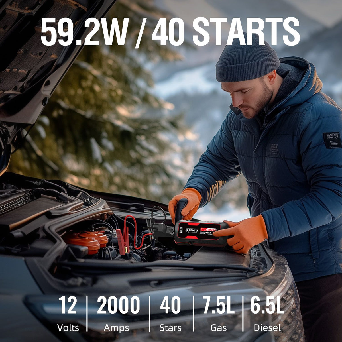 S ZEVZO Car Jump Starter 2000A Jump Starter Battery Pack for Up to 7.5L Gas and 6.5L Diesel Engines, 59.2Wh Portable 12V Jump Box with USB Ports, LCD Display, Storage Case, and LED Light