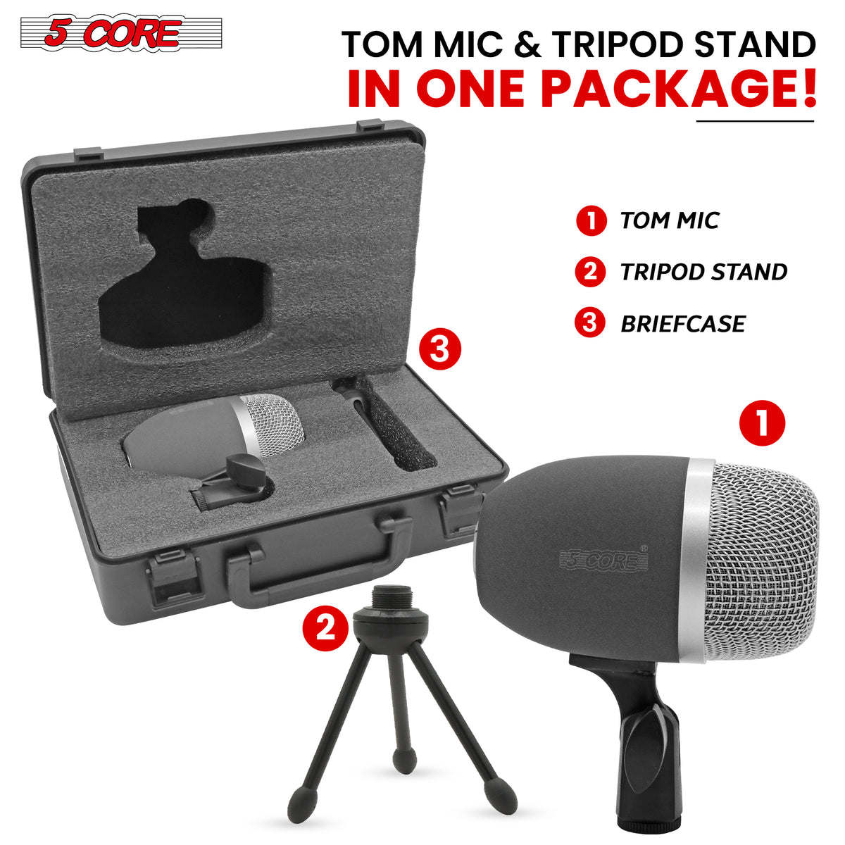 Tom Mic 1Piece Wired Cardioid Bass Drum Microphone Kit High SPL Instrument Microfono w XLR Connection- 5 Core Tom XP