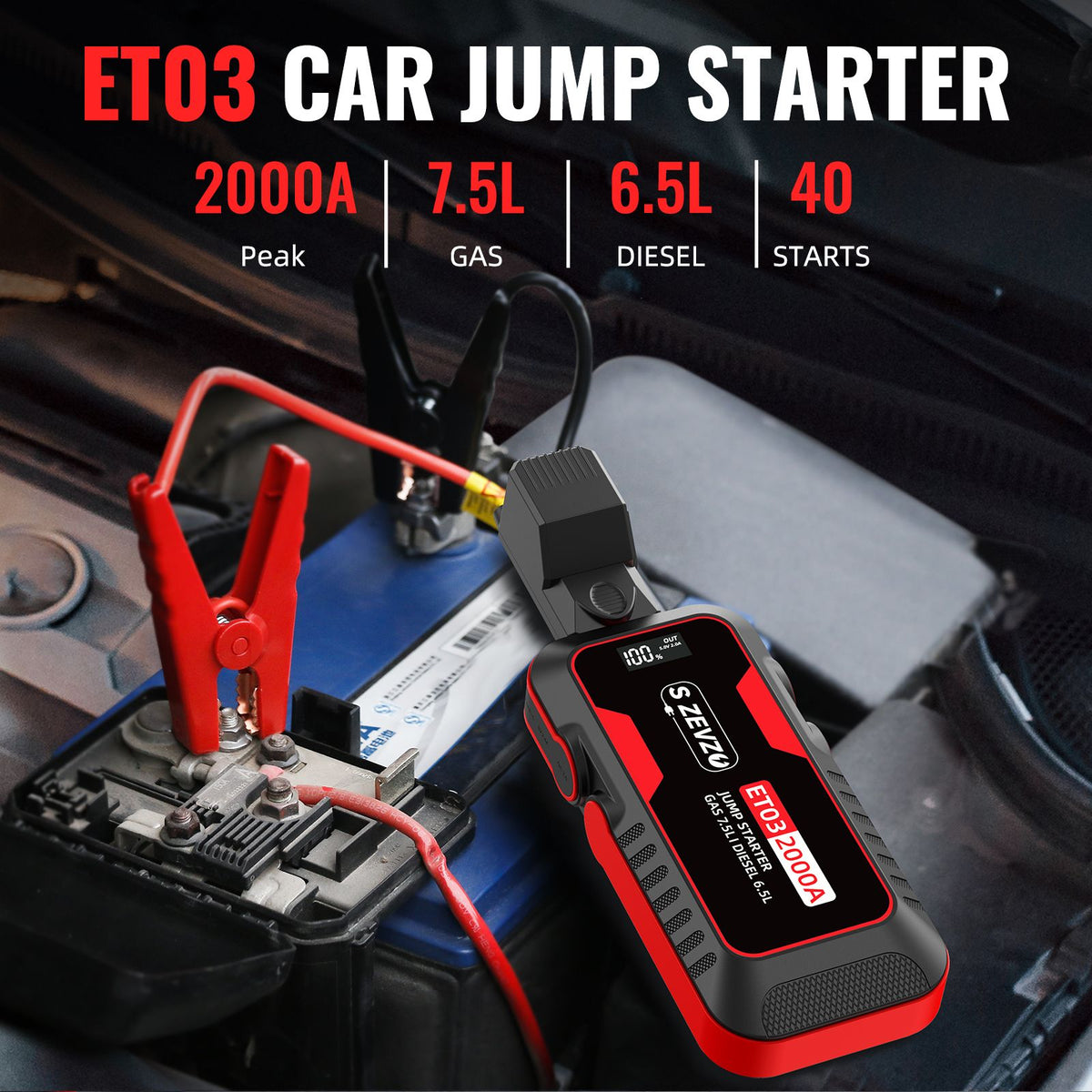 S ZEVZO Car Jump Starter 2000A Jump Starter Battery Pack for Up to 7.5L Gas and 6.5L Diesel Engines, 59.2Wh Portable 12V Jump Box with USB Ports, LCD Display, Storage Case, and LED Light