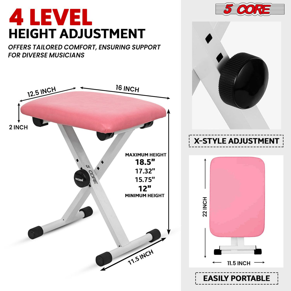 5 Core Keyboard Bench X Style Piano Stool Padded Adjustable Keyboards Chair - KBB 02 PNK