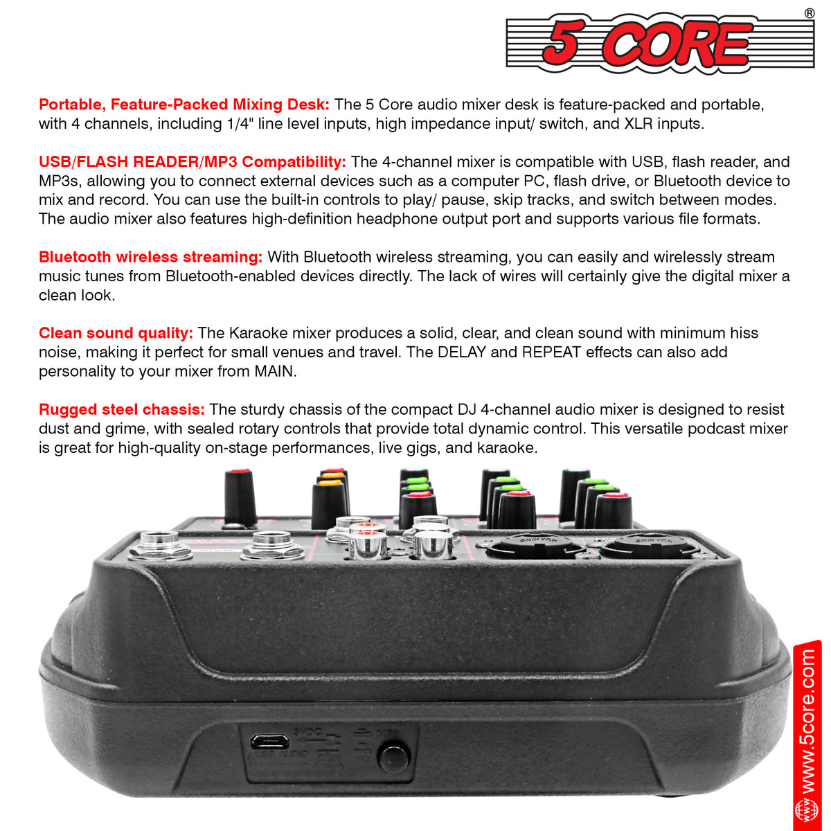 5 Core Audio Interface Mixer 4 Channel PC XLR Bluetooth USB DJ Music Podcast Karaoke Sound Board - MX 4CH