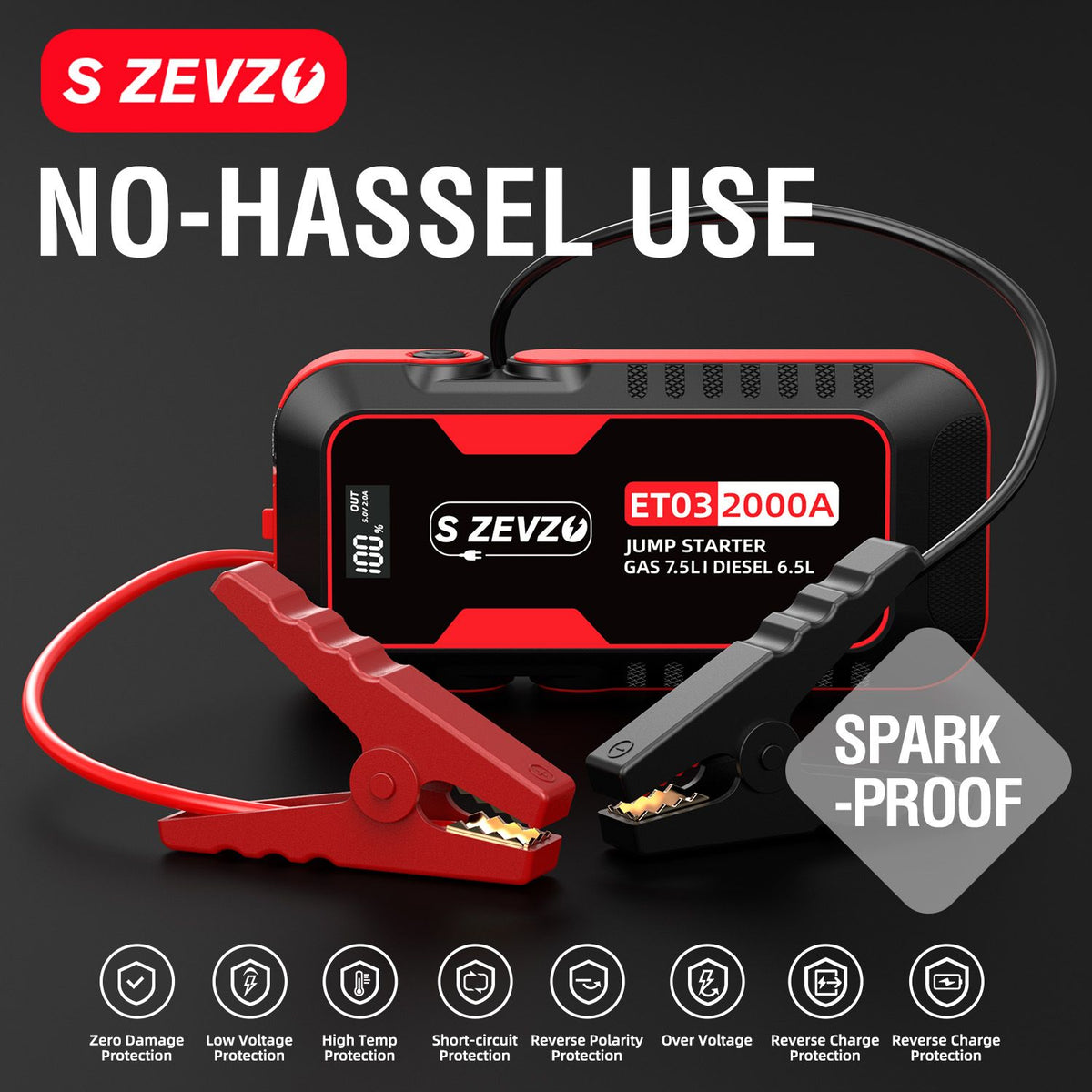 S ZEVZO Car Jump Starter 2000A Jump Starter Battery Pack for Up to 7.5L Gas and 6.5L Diesel Engines, 59.2Wh Portable 12V Jump Box with USB Ports, LCD Display, Storage Case, and LED Light