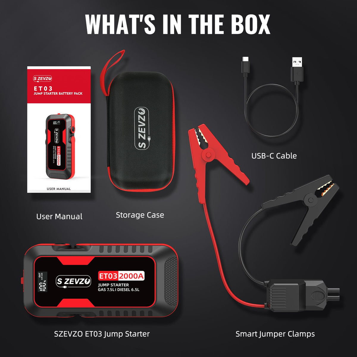 S ZEVZO Car Jump Starter 2000A Jump Starter Battery Pack for Up to 7.5L Gas and 6.5L Diesel Engines, 59.2Wh Portable 12V Jump Box with USB Ports, LCD Display, Storage Case, and LED Light
