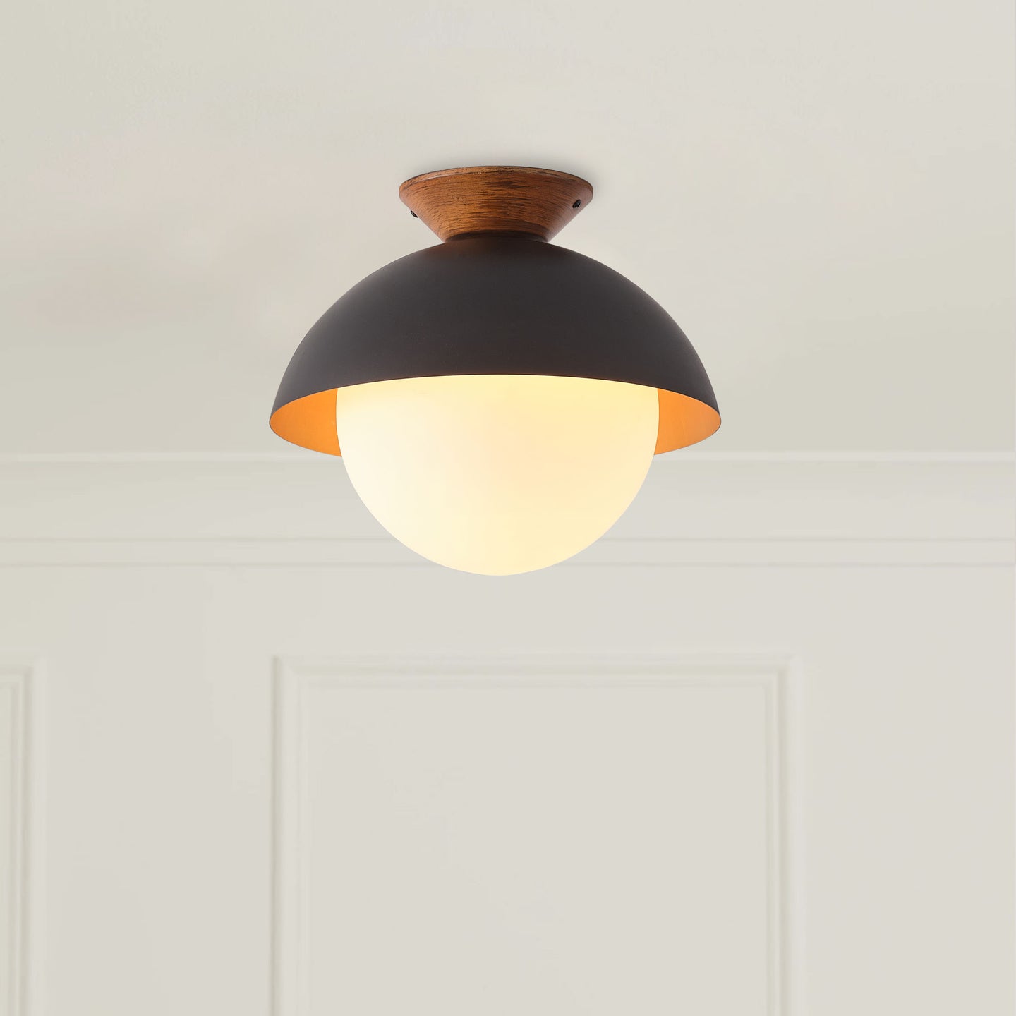 13.5 in. 1-Light Wood Gold Leaf Dome Semi-Flush Mount Light with Opal Glass Globe - 13.5 in. W x 11.4 in. H - Gold Leaf/White